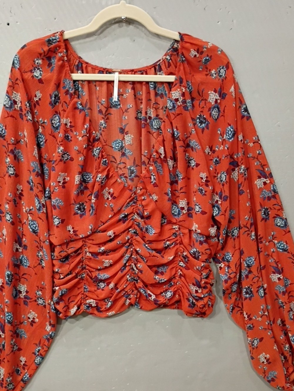 Free People Orange Floral Ruched Peasant Blouse